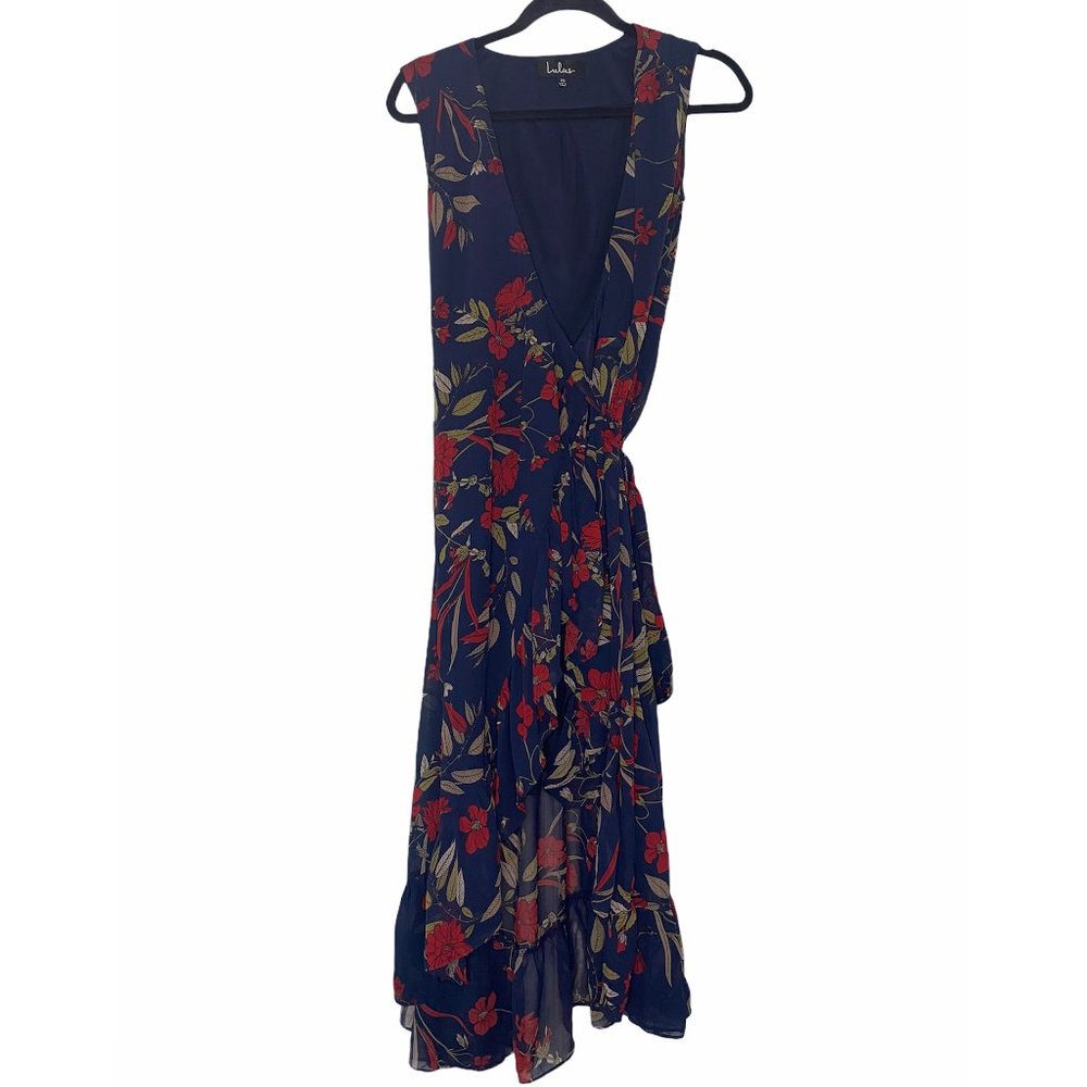 LULU'S Floral Midi Ruffle Wrap Sleeveless Dress